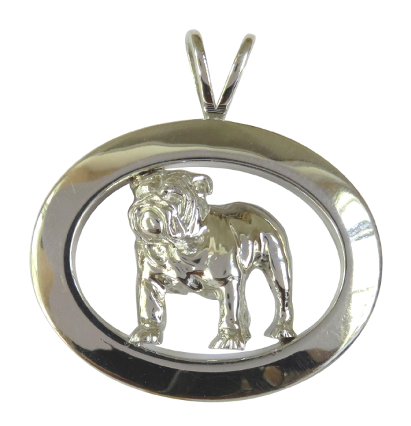 14K Gold or Sterling Silver Bulldog Standing in Glossy Narrow Oval