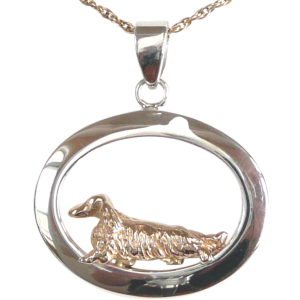 14K Gold or Sterling Silver Longhaired Dachshund in Glossy Oval Pendant