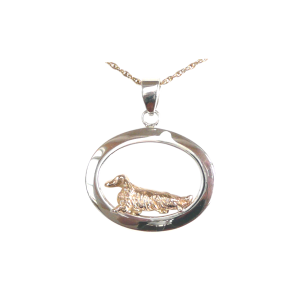 14K Gold or Sterling Silver Longhaired Dachshund in Glossy Oval Pendant