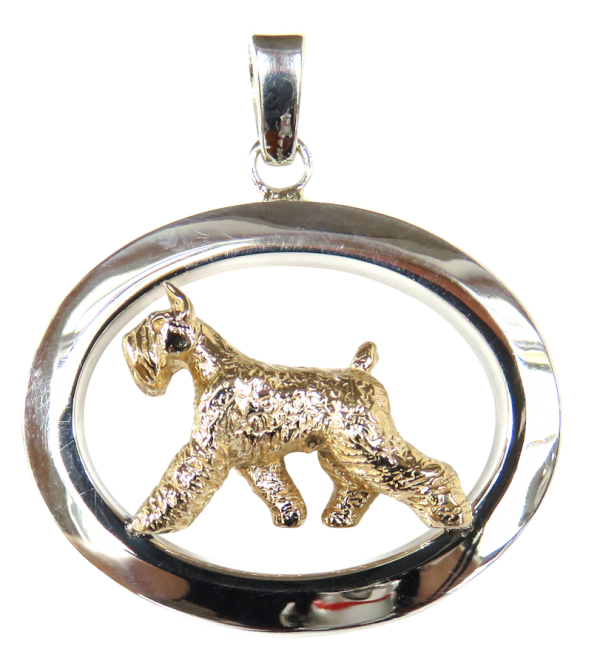 14K Gold or Sterling Silver Tracking Giant Schnauzer in Large Glossy Oval Pendant