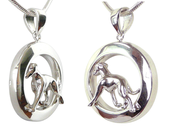 14K Gold or Sterling Silver Greyhound in Glossy Oval Pendant