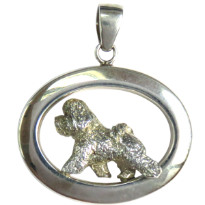 14K Gold or Sterling Silver Trotting Bichon Frise in Glossy Oval Pendant