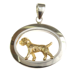 14K Gold or Sterling Silver Trotting Border Terrier in Glossy Oval Pendant