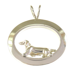 14K Gold or Sterling Silver Trotting Smooth Dachshund in Glossy Oval Pendant