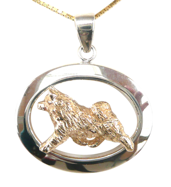 14K Gold or Sterling Silver Norwegian Elkhound in Glossy Oval Pendant
