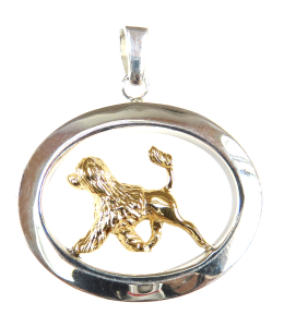 14K Gold or Sterling Silver Portuguese Water Dog Lion Cut in Large Glossy Oval Pendant