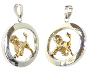 14K Gold or Sterling Silver Portuguese Water Dog Lion Cut in Large Glossy Oval Pendant