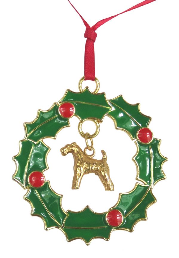 14K Gold Plated Wreath Ornament with 3D Airedale Terrier