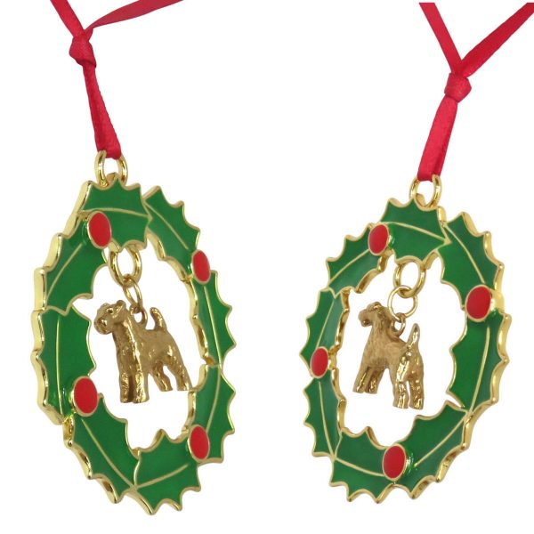 14K Gold Plated Wreath Ornament with 3D Airedale Terrier