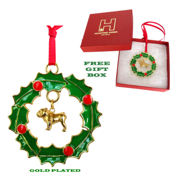 BULLDOG Gold Plated Bronze Christmas Holiday Wreath Ornament Decoration