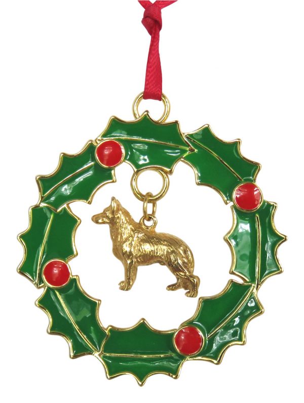 German Shepherd Gold Plated Bronze Christmas Holiday Wreath Ornament Decoration Gift