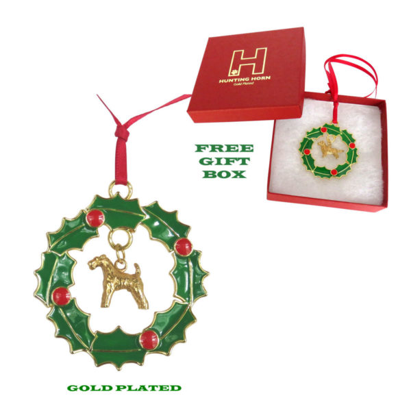 AIREDALE TERRIER Gold Plated Christmas Holiday WREATH Ornament
