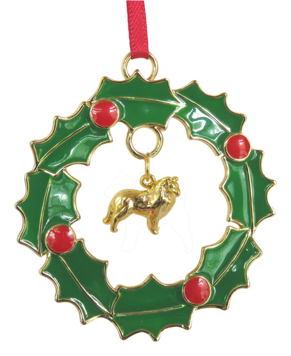 SHETLAND SHEEPDOG - SHELTIE- Gold Plated Christmas Holiday WREATH Ornament -SUPPORTING RESCUE !