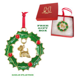 WEST HIGHLAND WHITE TERRIER Westie Gold Plated Bronze Christmas Holiday Wreath Ornament