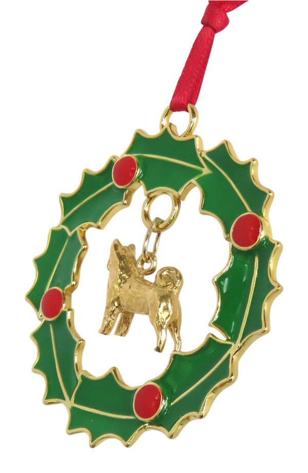Akita Gold Plated Bronze Christmas Holiday Wreath Ornament Decoration Gift