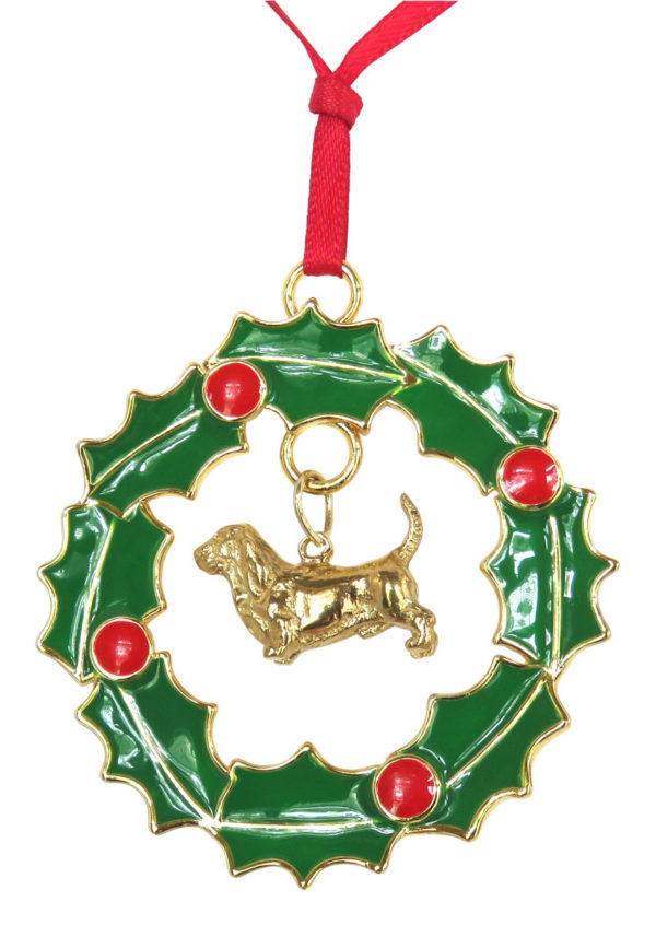 Basset Hound Gold Plated Bronze Christmas Holiday Wreath Ornament Decoration Gift