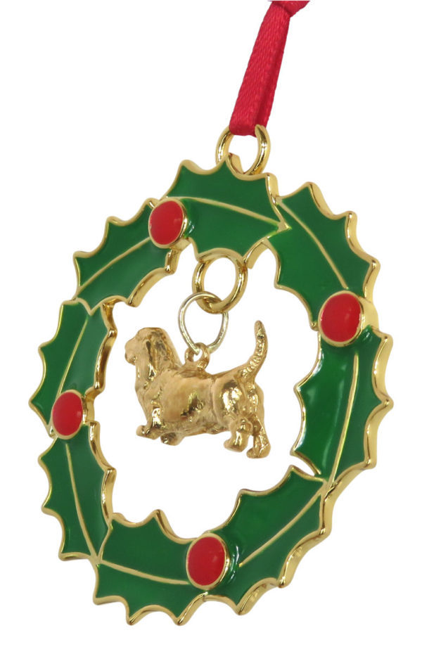 Basset Hound Gold Plated Bronze Christmas Holiday Wreath Ornament Decoration Gift
