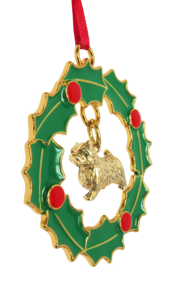 Norwich Terrier Gold Plated Bronze Christmas Holiday Wreath Ornament Decoration Gift
