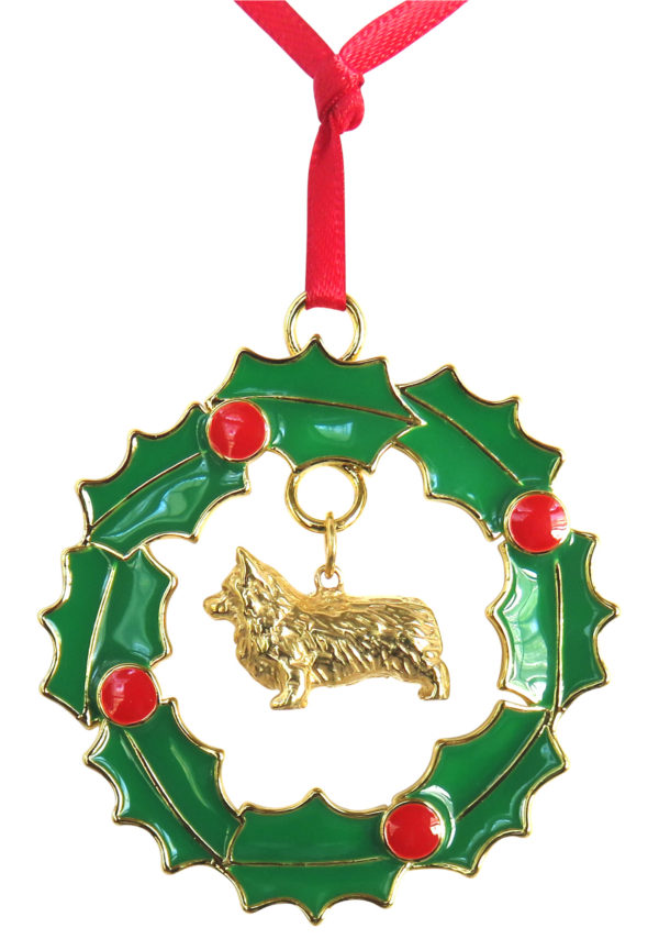 Pembroke Welsh Corgi Gold Plated Bronze Christmas Holiday Wreath Ornament Decoration Gift