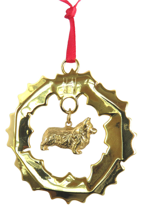 Pembroke Welsh Corgi Gold Plated Bronze Christmas Holiday Wreath Ornament Decoration Gift