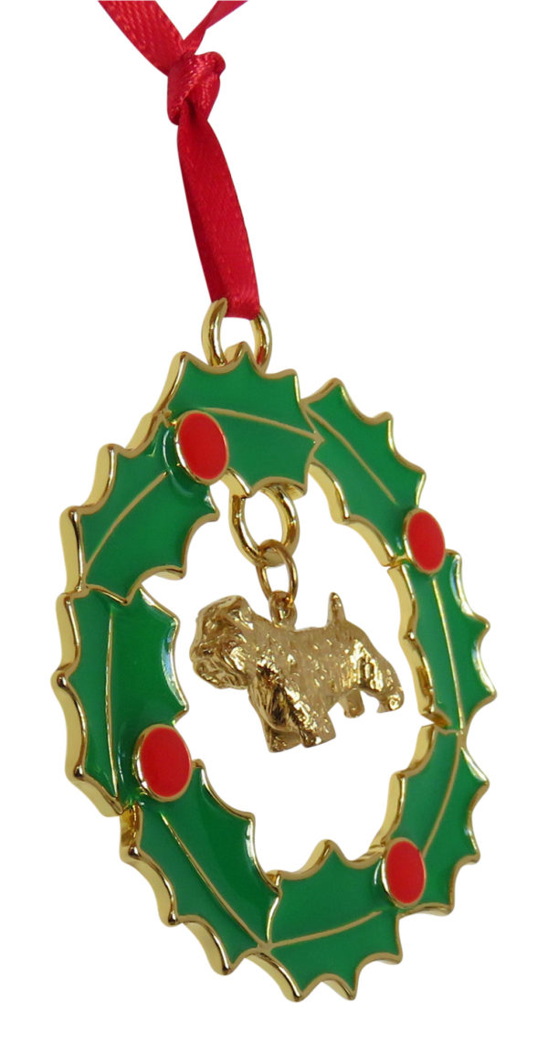 Sealyham Terrier Gold Plated Bronze Christmas Holiday Wreath Ornament Decoration Gift