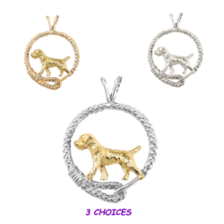 Border Terrier in Leash Pendant Charm Necklace in 14K Gold or Sterling Silver
