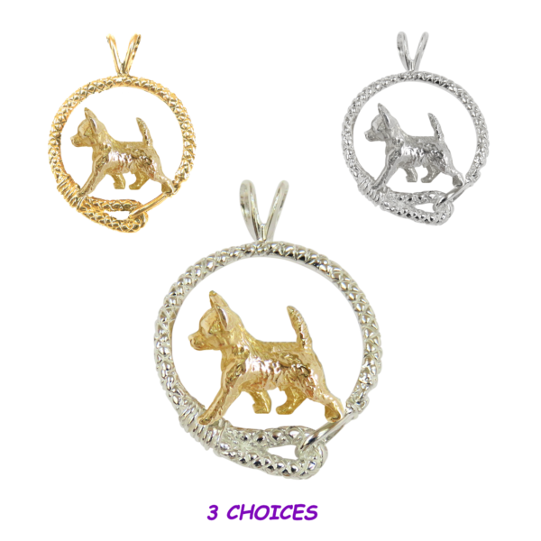 Chihuahua Smooth in Leash Pendant Charm Necklace in 14K Gold or Sterling Silver