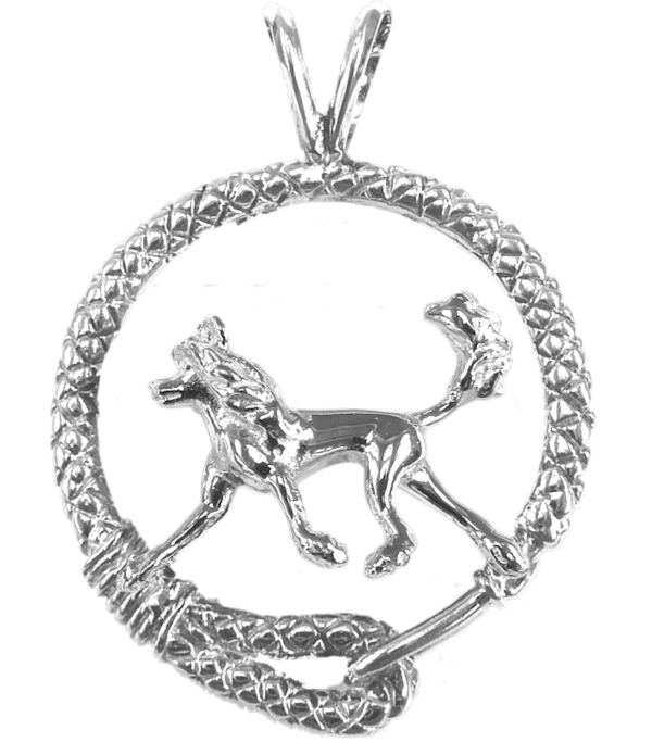 Chinese Crested in Leash Pendant Charm Necklace in 14K Gold or Sterling Silver