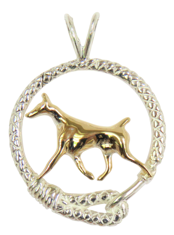 Doberman Pinscher in Leash Pendant Charm Necklace in 14K Gold or Sterling Silver