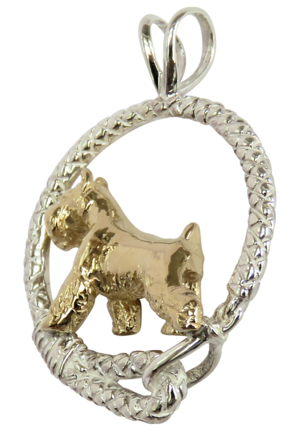 Miniature Schnauzer in Leash Pendant Charm Necklace in 14K Gold or Sterling Silver