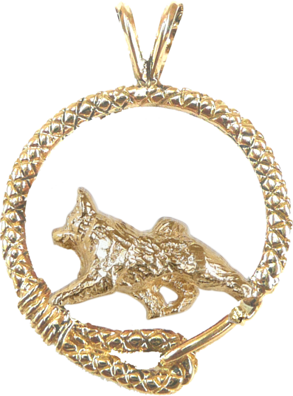 Norwegian Elkhound in Leash Pendant Charm Necklace in 14K Gold or Sterling Silver