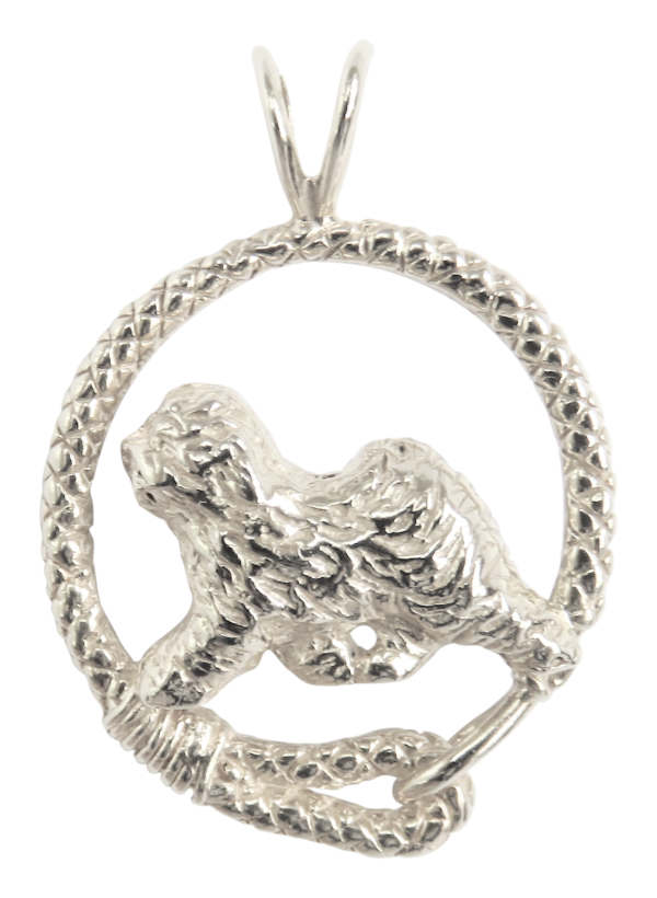 Old English Sheepdog in Leash Pendant Charm Necklace in 14K Gold or Sterling Silver