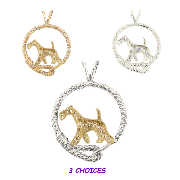 Wire Fox Terrier in Leash Pendant Charm Necklace in 14K Gold or Sterling Silver
