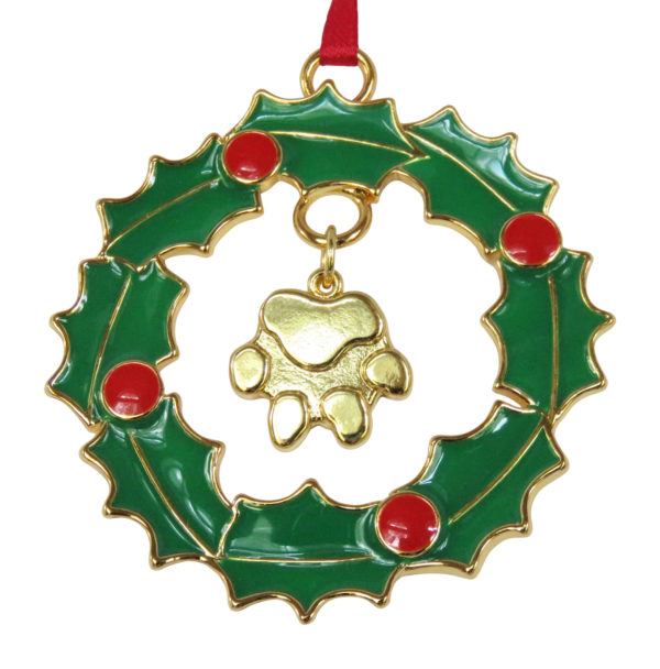 WREATH DOG PAW Gold Plated Memorial Christmas Holiday Ornament